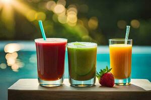 drei Brille von Saft mit Erdbeeren und Erdbeeren. KI-generiert foto