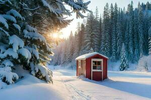 ein rot Nebengebäude sitzt im das Mitte von ein schneebedeckt Wald. KI-generiert foto