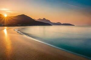 das Sonne ist Rahmen Über ein Strand und Berge. KI-generiert foto