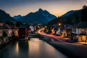 ein Fluss läuft durch ein Stadt, Dorf beim Dämmerung. KI-generiert foto