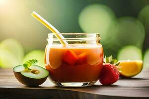 ein Glas von Saft mit ein Stroh und Erdbeeren. KI-generiert foto