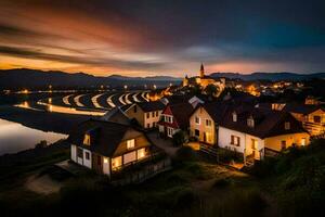 Foto Hintergrund das Himmel, Nacht, das Wasser, das Berge, das Fluss, das Stadt,. KI-generiert