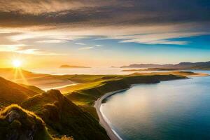 das Sonne setzt Über ein schön Strand und Berge. KI-generiert foto