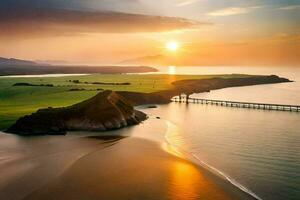 das Sonne setzt Über ein Brücke und ein Strand. KI-generiert foto