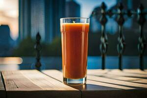 ein Glas von Orange Saft Sitzung auf ein Tisch. KI-generiert foto