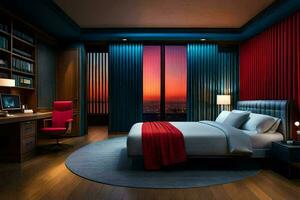 ein Schlafzimmer mit ein rot und Blau Bett und ein Aussicht von das Stadt. KI-generiert foto