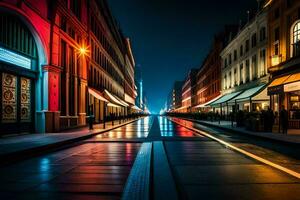 ein Stadt Straße beim Nacht mit ein Neon- unterzeichnen. KI-generiert foto