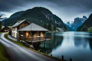 ein Haus sitzt auf das Seite von ein See. KI-generiert foto