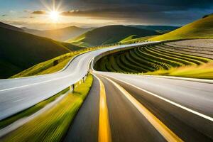 ein lang, Wicklung Straße mit das Sonne Rahmen hinter Es. KI-generiert foto