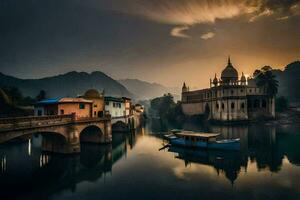 Foto Hintergrund das Himmel, Brücke, Fluss, Sonnenuntergang, Indien, das Stadt, Fluss,. KI-generiert