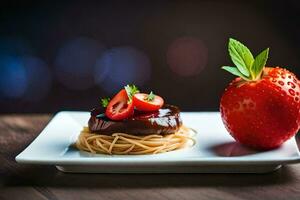 ein Teller mit Spaghetti und Erdbeeren auf ein hölzern Tisch. KI-generiert foto