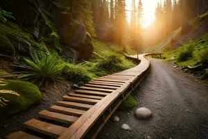 ein hölzern Pfad führt zu ein Wald mit Sonne leuchtenden. KI-generiert foto