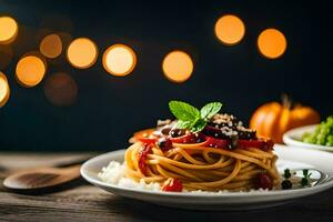 Spaghetti mit Gemüse und Reis auf ein Platte. KI-generiert foto