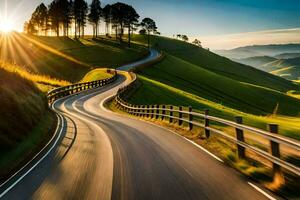 ein Wicklung Straße im das Landschaft mit das Sonne Einstellung. KI-generiert foto