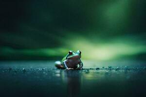 ein Frosch Sitzung auf das Boden im Vorderseite von ein Grün Licht. KI-generiert foto