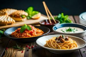 Spaghetti, Fleischklößchen, und Soße auf ein hölzern Tisch. KI-generiert foto