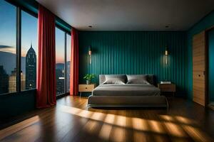 ein Schlafzimmer mit ein Aussicht von das Stadt. KI-generiert foto