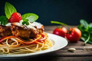 Spaghetti mit Fleischklößchen und Tomaten auf ein Platte. KI-generiert foto