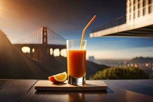 ein Glas von Orange Saft mit ein Aussicht von das golden Tor Brücke. KI-generiert foto