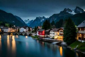 das Stadt, Dorf von Schweiz ist zündete oben beim Nacht. KI-generiert foto