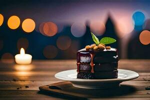 ein Schokolade Kuchen auf ein Teller mit Kerzen im das Hintergrund. KI-generiert foto