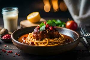 Spaghetti mit Fleischklößchen und Tomate Soße im ein Schüssel. KI-generiert foto