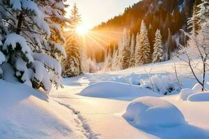 Schnee bedeckt Bäume und das Sonne leuchtenden durch das Bäume. KI-generiert foto