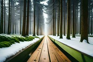 ein lange hölzern Pfad durch ein schneebedeckt Wald. KI-generiert foto