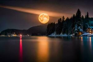 ein voll Mond ist gesehen Über ein See mit Schnee auf das Boden. KI-generiert foto