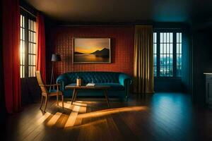 ein Leben Zimmer mit ein Blau Couch und ein Fenster. KI-generiert foto