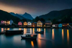 Boote im das Wasser beim Nacht mit Häuser im das Hintergrund. KI-generiert foto