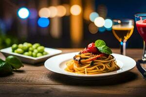 ein Teller von Spaghetti mit Tomaten und Grün Gemüse. KI-generiert foto