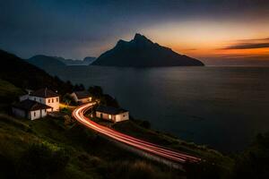 ein Haus und Berg im das Hintergrund beim Sonnenuntergang. KI-generiert foto