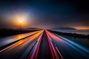 ein lange Exposition Foto von ein Autobahn beim Nacht. KI-generiert