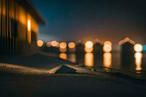 ein Strand beim Nacht mit Beleuchtung auf das Wasser. KI-generiert foto