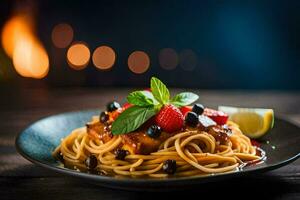 Spaghetti mit Beeren und Basilikum auf ein Platte. KI-generiert foto