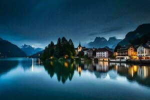 ein See und Berg Stadt, Dorf beim Nacht. KI-generiert foto