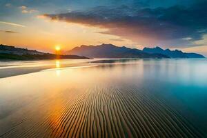 das Sonne setzt Über ein Strand und Berge. KI-generiert foto