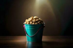 ein Eimer gefüllt mit Erdnüsse auf ein Tisch. KI-generiert foto