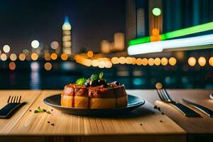 ein Teller von Essen auf ein Tabelle mit ein Stadtbild im das Hintergrund. KI-generiert foto