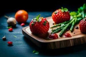 Erdbeeren und Spargel auf ein Schneiden Tafel. KI-generiert foto