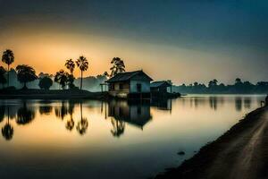 ein Haus auf das Ufer von ein See beim Sonnenaufgang. KI-generiert foto
