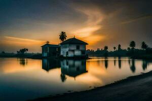 ein Haus auf das Wasser beim Sonnenuntergang. KI-generiert foto