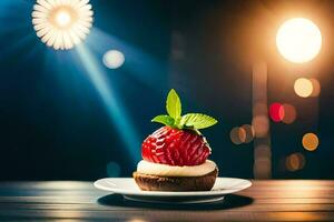 ein Erdbeere auf ein Teller mit Beleuchtung hinter Es. KI-generiert foto