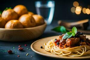 Spaghetti mit Fleischklößchen und Soße auf ein hölzern Platte. KI-generiert foto