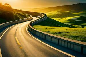 ein Wicklung Straße im das Landschaft mit Grün Hügel. KI-generiert foto