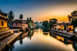 ein Kanal im Vorderseite von Häuser beim Sonnenuntergang. KI-generiert foto