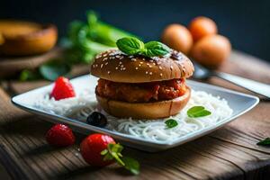 Hähnchen Burger auf ein Brötchen mit Gemüse und Beeren. KI-generiert foto