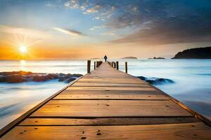 ein hölzern Seebrücke erstreckt sich aus in das Ozean beim Sonnenuntergang. KI-generiert foto