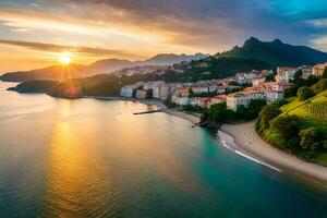 das Sonne setzt Über das Küste von Italien. KI-generiert foto